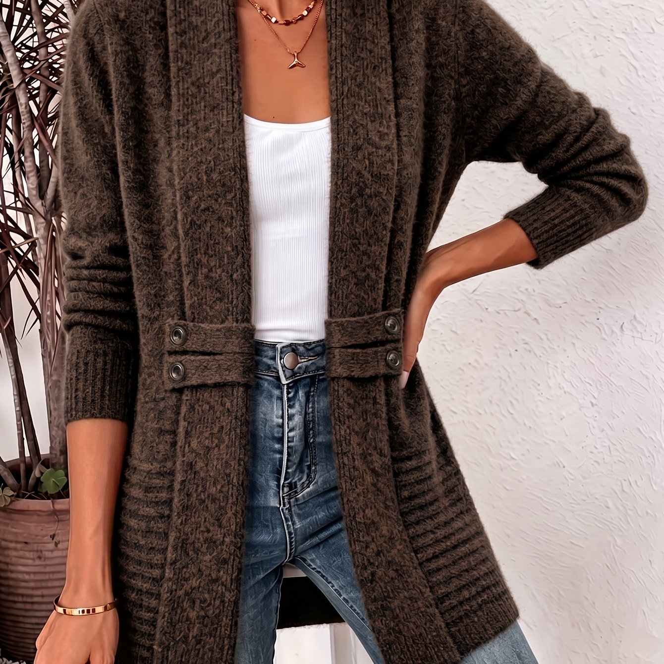 Women's Open Front Shawl Collar Knit Cardigan Sweater
