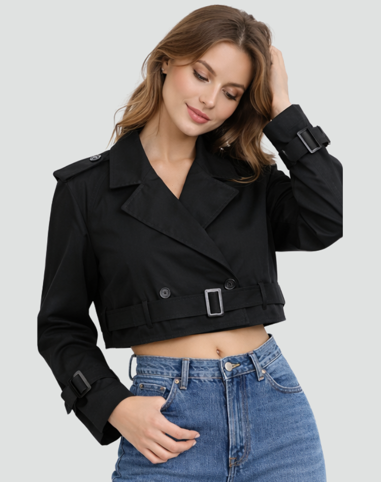 Women's Cropped Trench Jacket with Belted Waist and Tailored Fit
