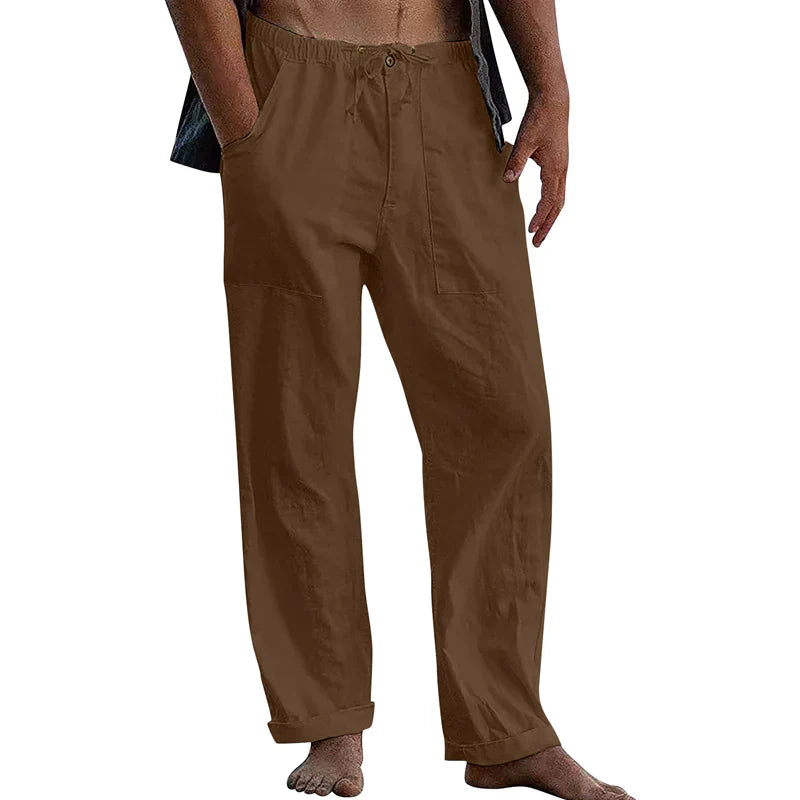Men's Cotton Linen Trousers with Straight Leg and Elastic Waist for Summer Comfort