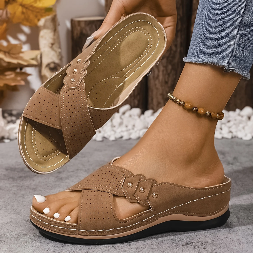 Women's Comfort Slip On Sandals with Cross Strap Design