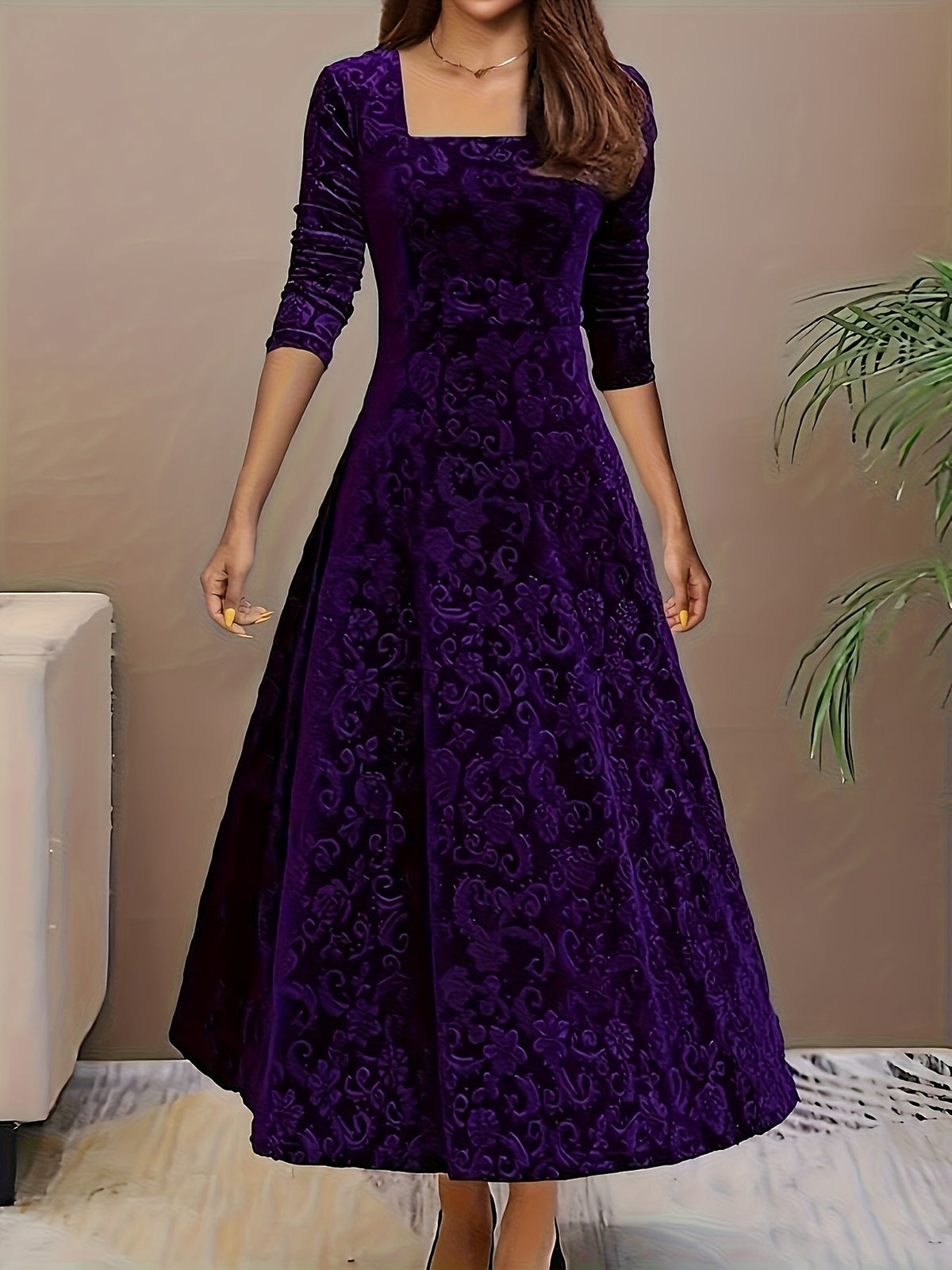 Women’s Elegant Square Neck Jacquard Maxi Dress