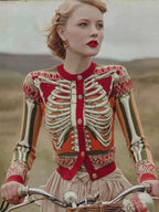 Damecardigan med skeletprint, knapper og rund hals