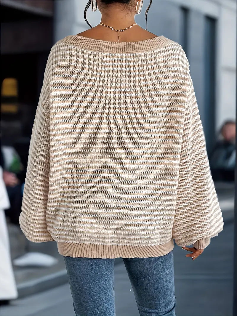 Women's Striped Boat Neck Sweater with Relaxed Fit