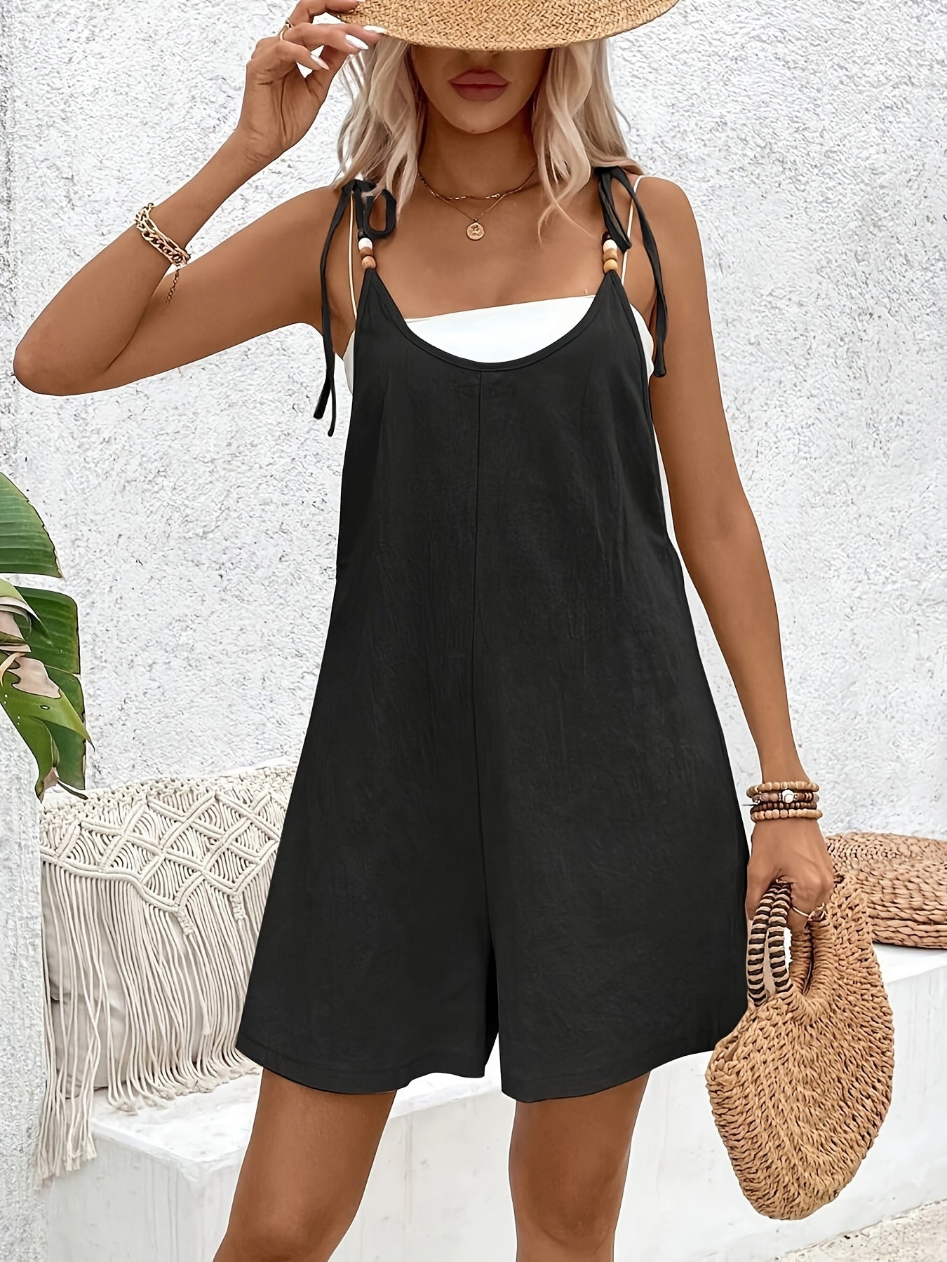 Women’s Relaxed Sleeveless Playsuit with Tie Straps and Loose Fit