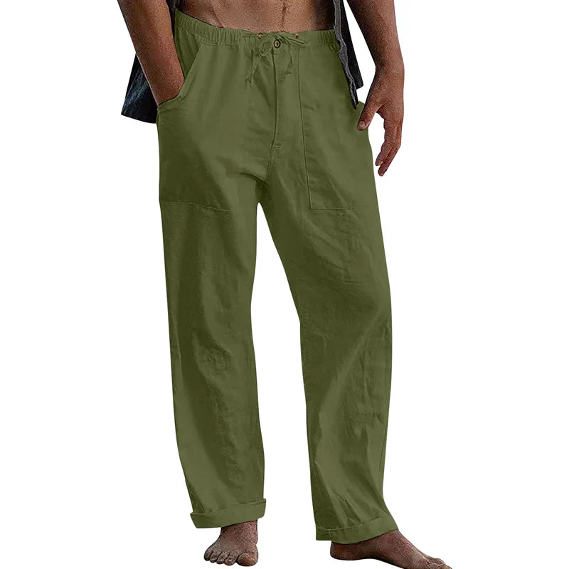 Men's Cotton Linen Trousers with Straight Leg and Elastic Waist for Summer Comfort
