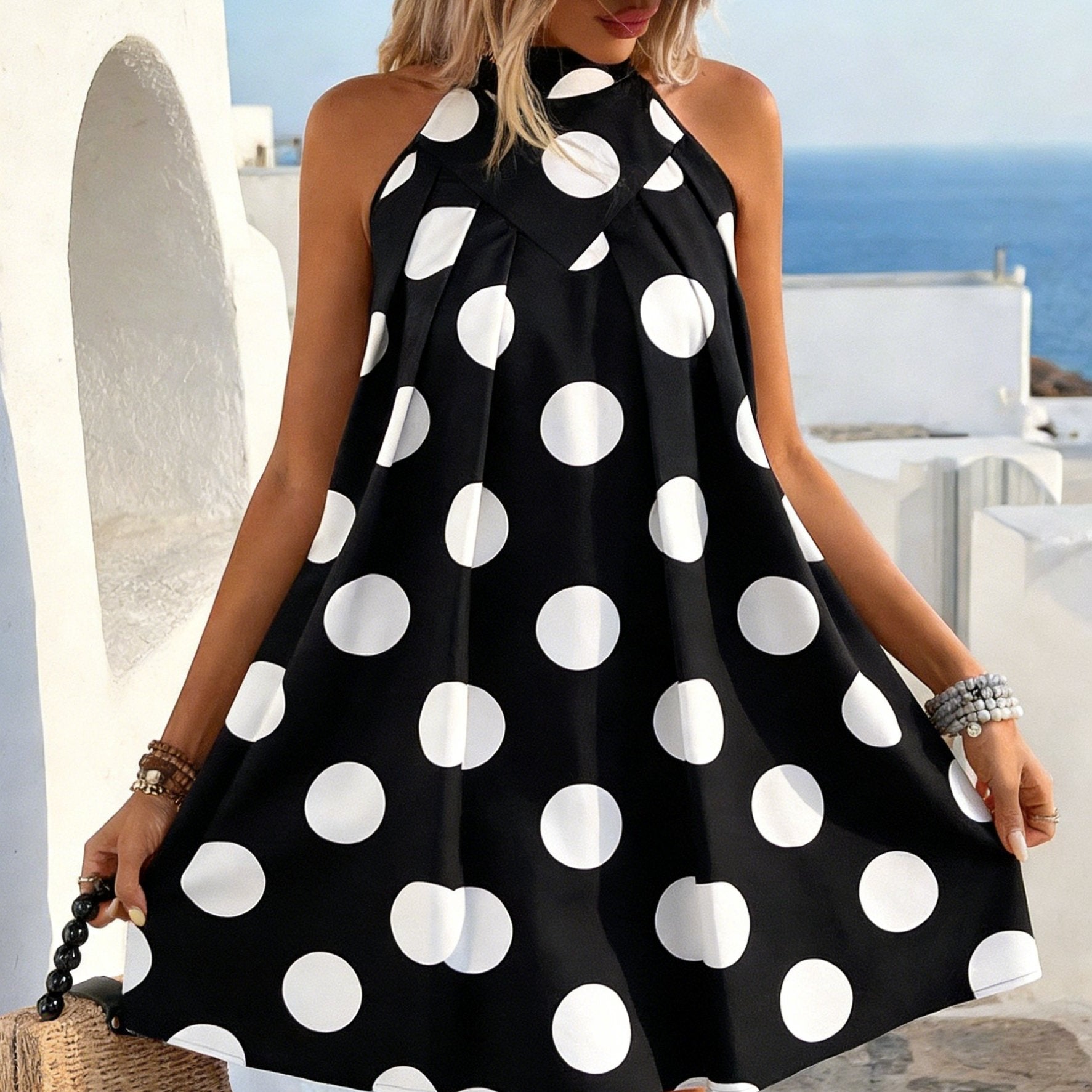 Women's Polka Dot Bow Back Swing Dress