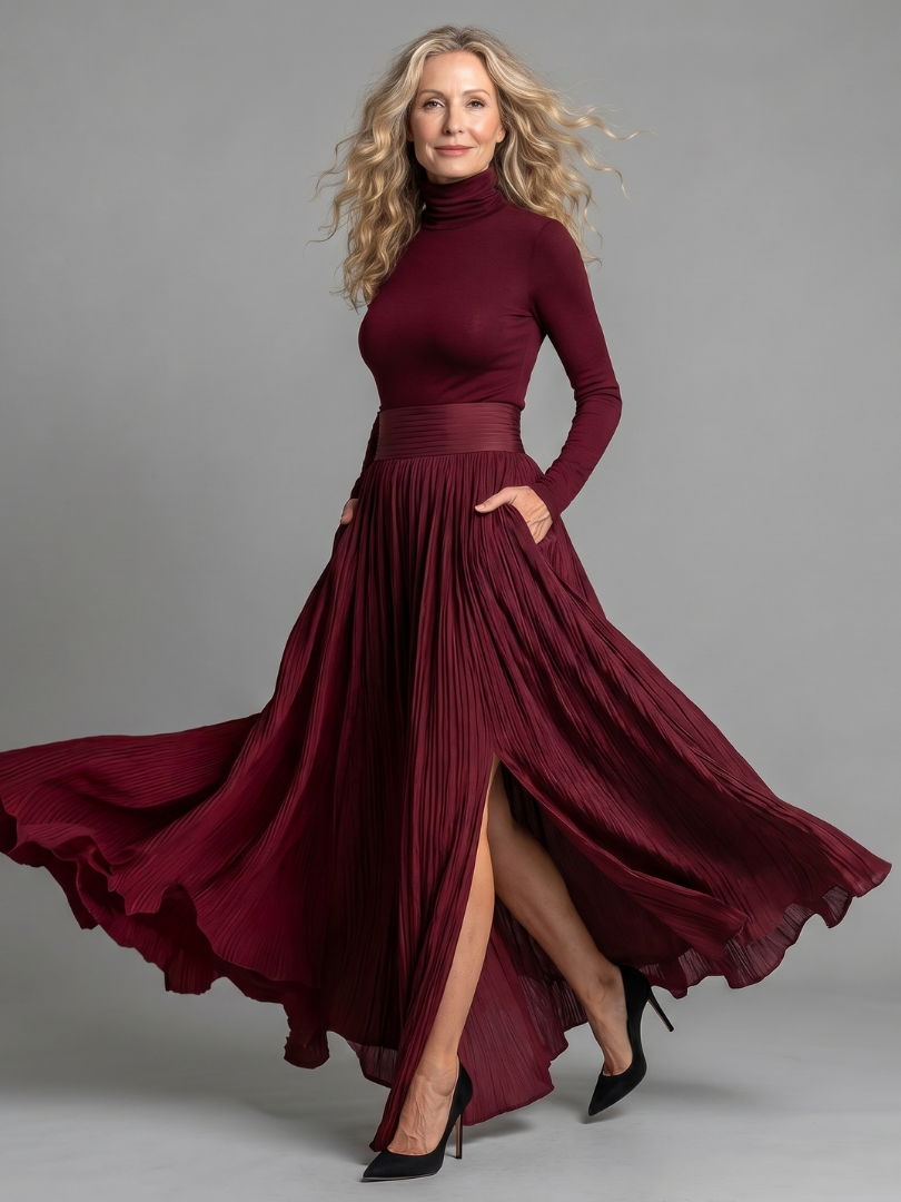 Women’s Turtleneck Pleated Maxi Dress