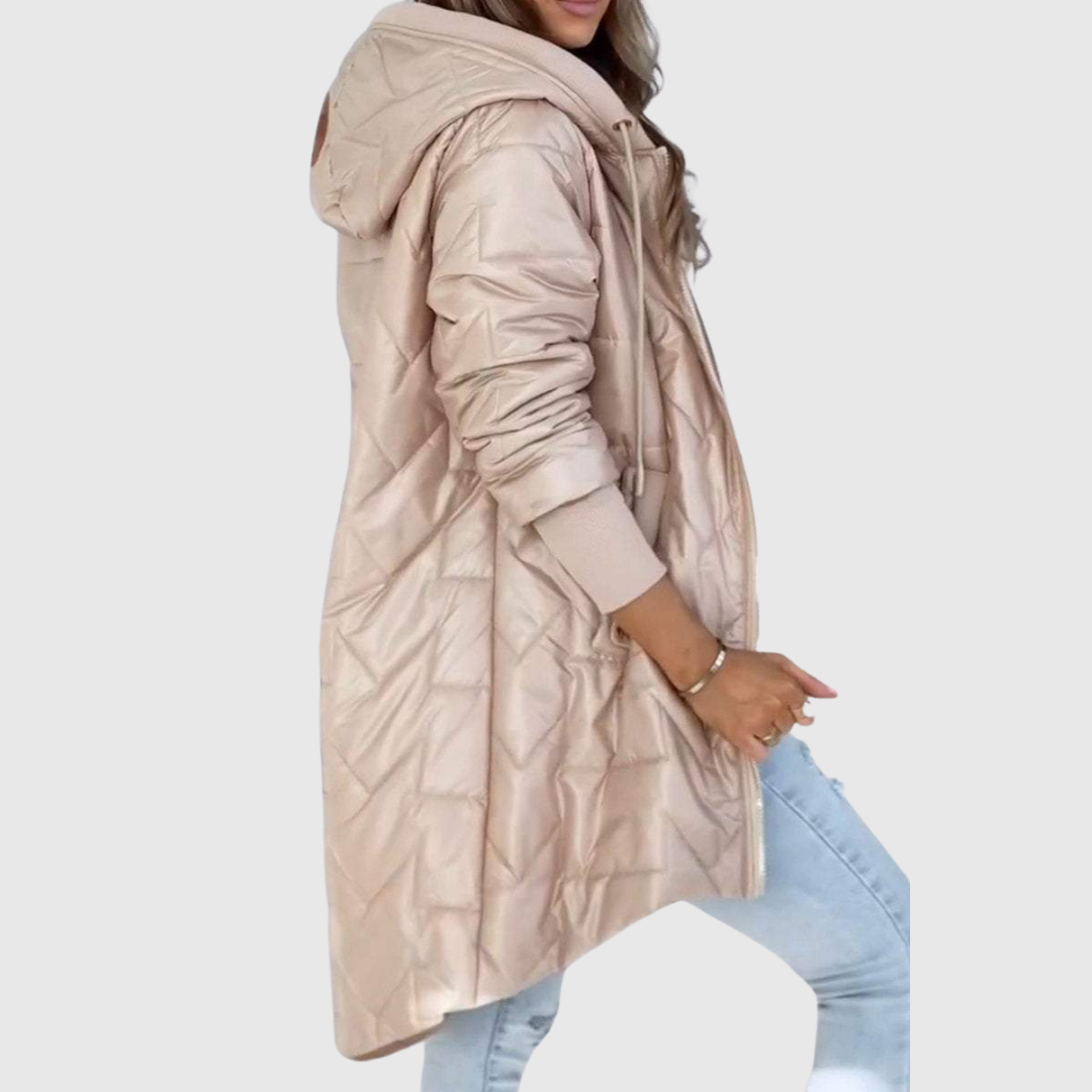 Damen-Steppjacke mit Kapuze, extra langem Schnitt und Daunenoptik