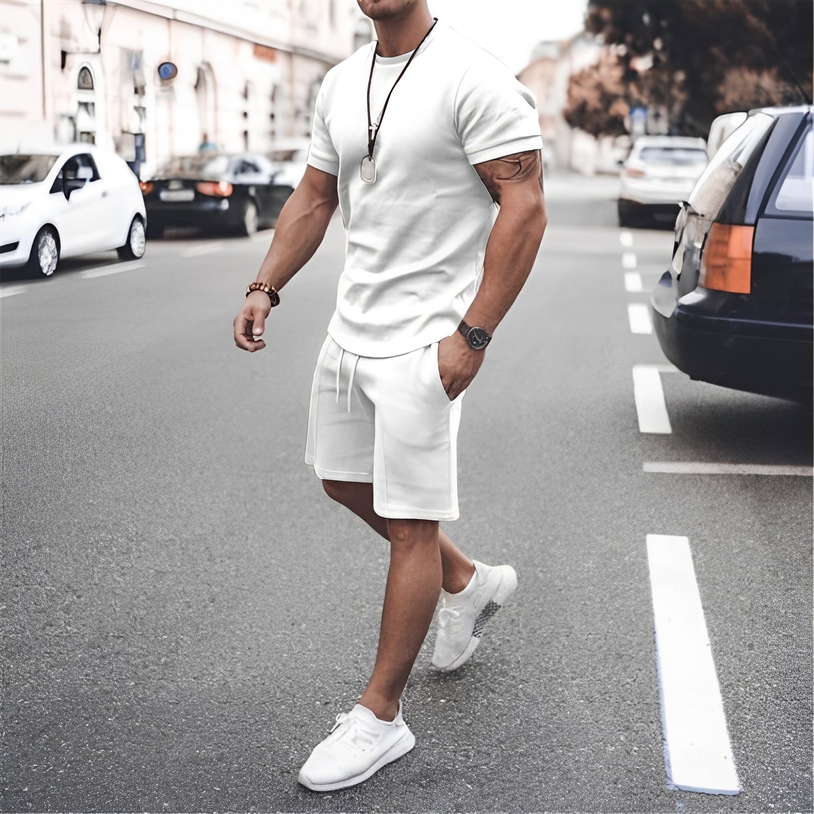 Men's Casual Short Sleeve T Shirt and Drawstring Shorts Two Piece Set