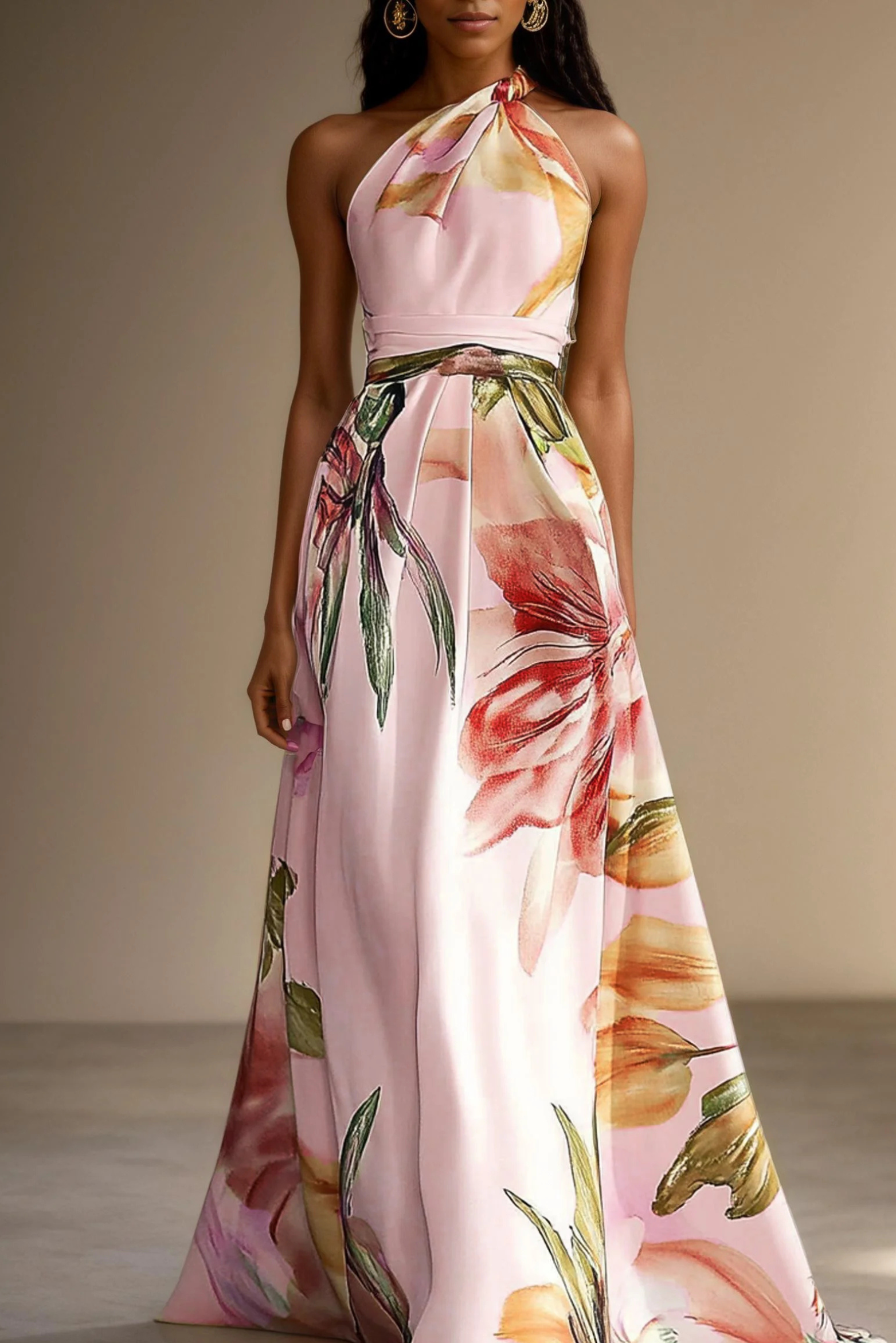 Maxikleid für Damen mit Blumenmuster, Neckholder und Taillenband-Detail