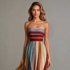 Women's Strapless Pleated Rainbow Maxi Dress