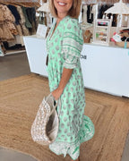 Women's Bohemian Print Maxi Dress with Tassel Tie Neckline