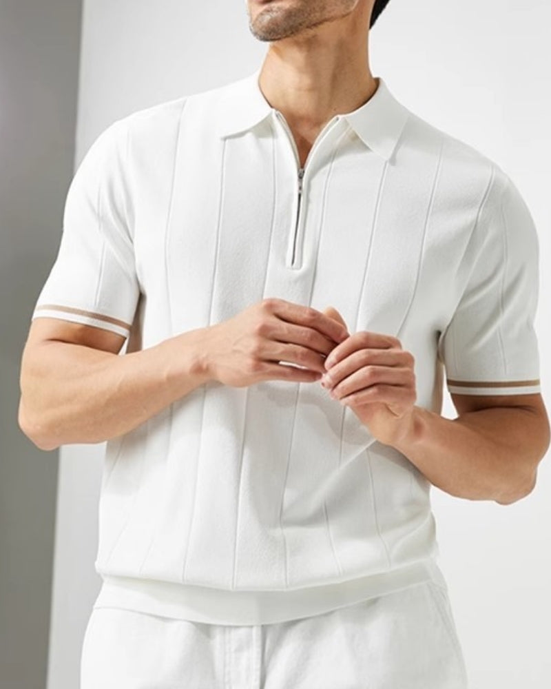 Men's Refined Vertical Rib-Knit Quarter Zip Polo with Contrast Sleeve Trim and Tailored Stretch Fit