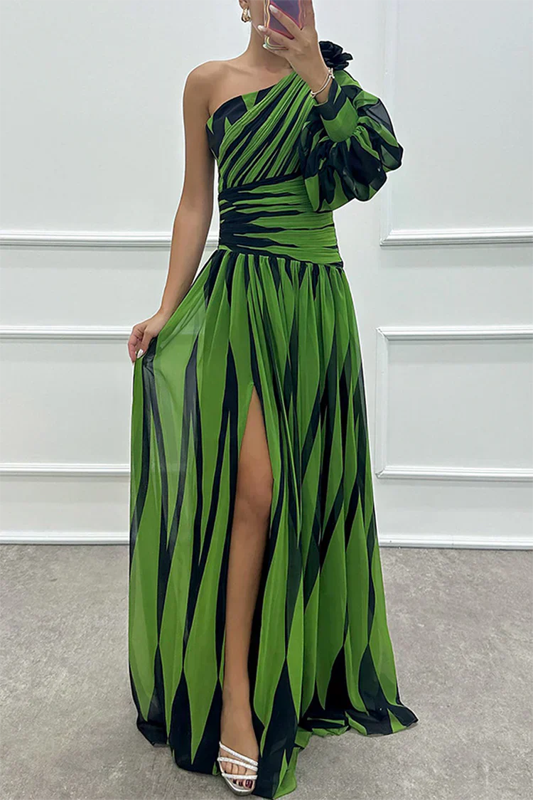 Women's One-Shoulder Striped Evening Gown with Dramatic Puff Sleeve