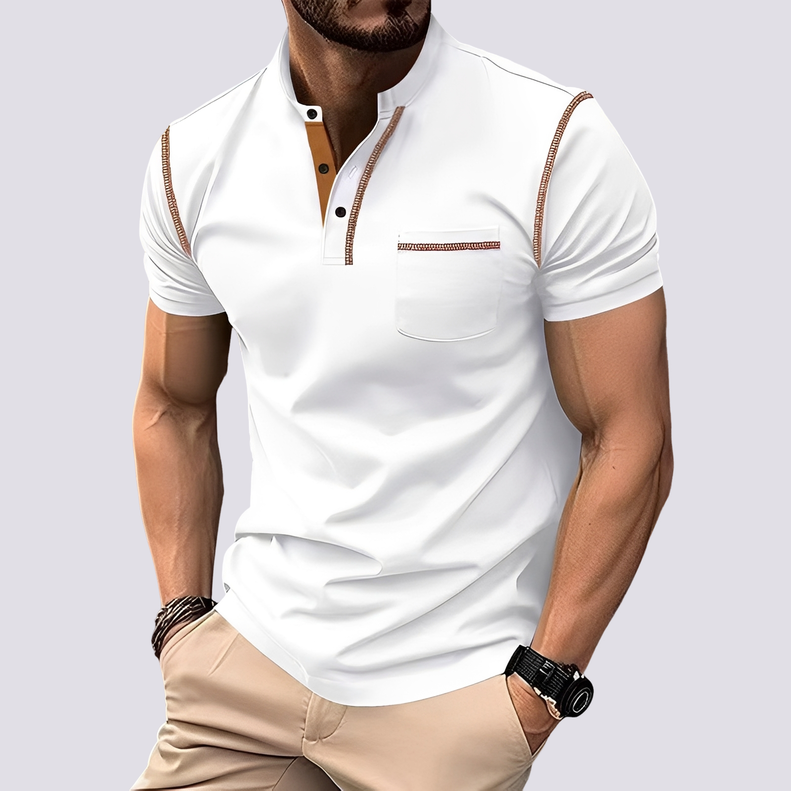 T-shirt Henley manches courtes pour homme avec bordure contrastée et poche poitrine
