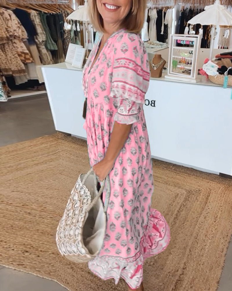 Women's Bohemian Print Maxi Dress with Tassel Tie Neckline