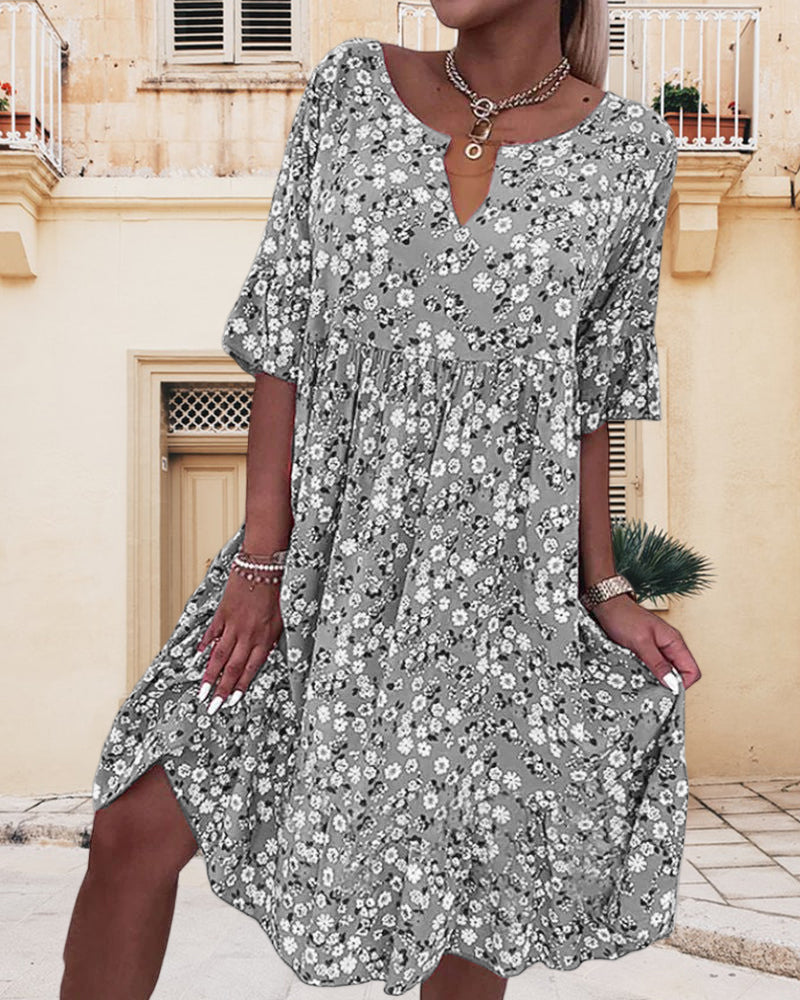 Damenkleid mit Blumenmuster, knielang, mit ausgestellten Ärmeln für den Alltag