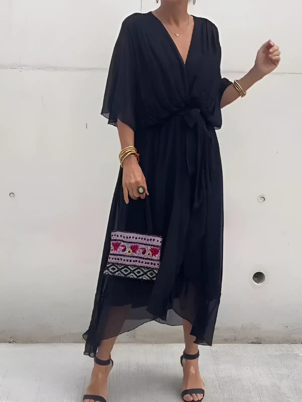 Women's Chiffon Wrap Midi Dress with Tie Waist