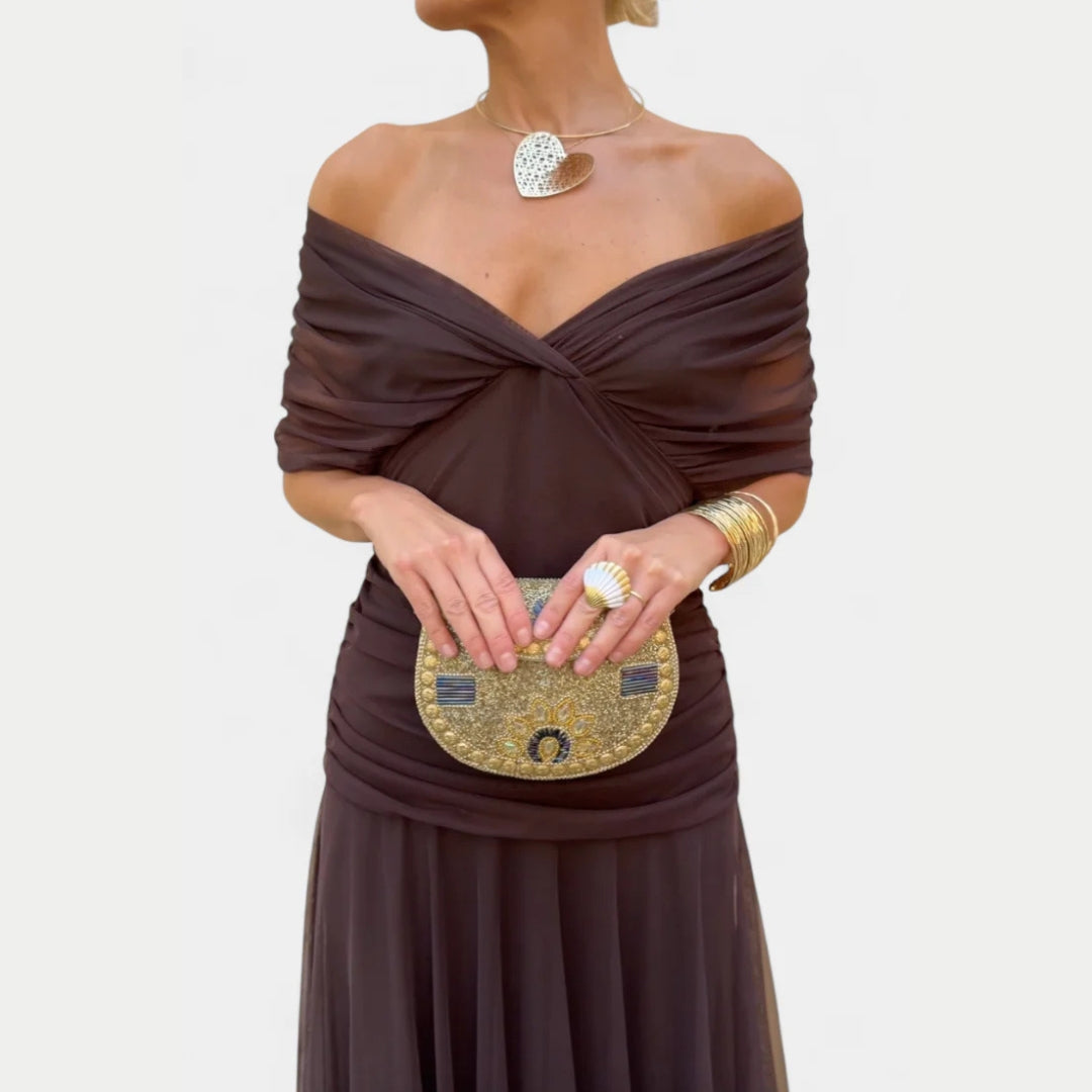 Women's Elegant Off-Shoulder Evening Dress with Draped Fit and Flowing Skirt