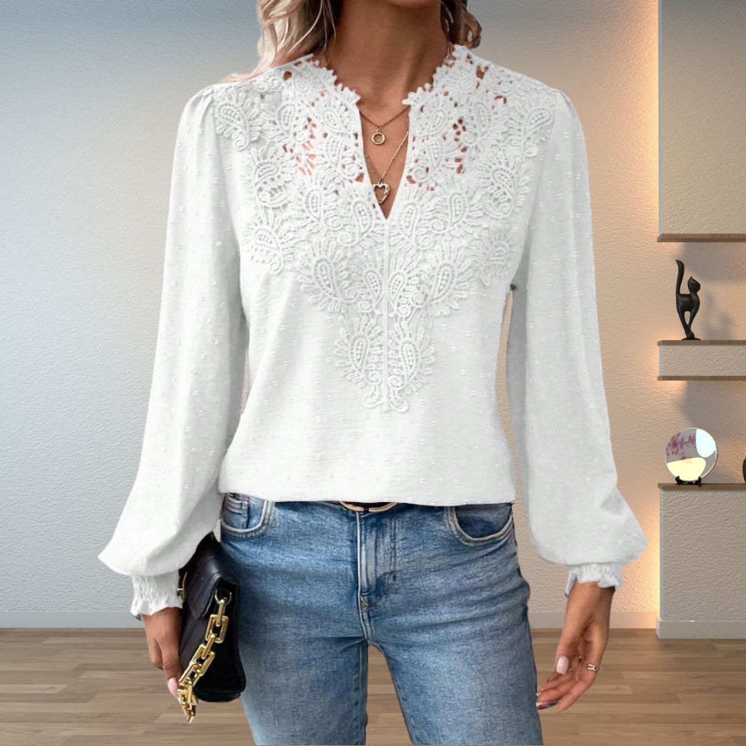 Blouse décontractée à manches longues en dentelle florale et col en V pour femme