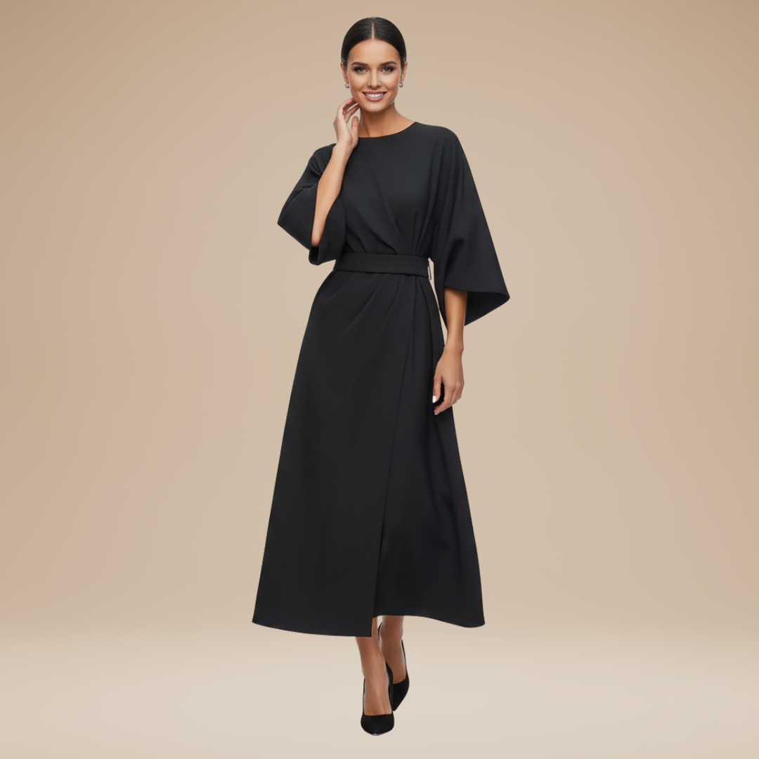 Elegantes Damen-Midikleid mit Bootsausschnitt, weiten Ärmeln, tailliertem Bund und ausgestelltem A-Linien-Rock
