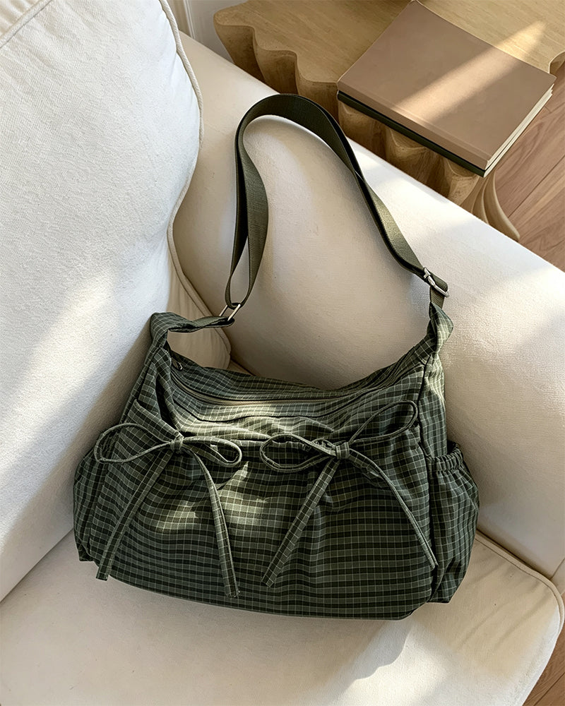 Sac à bandoulière pour femme à motif à carreaux et poches multiples