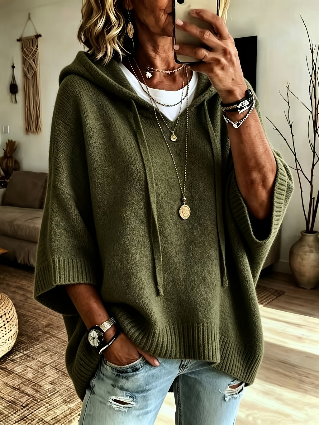 Women’s Hooded Oversized Knit Poncho