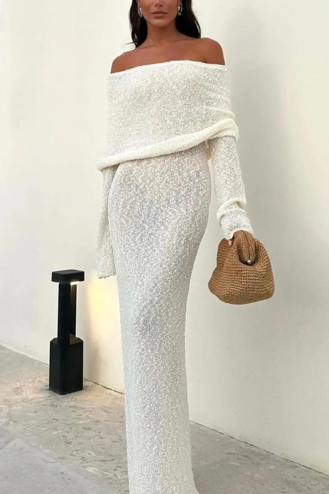 Elegantes Off-Shoulder Strick-Maxikleid für Damen Weich Figurbetont Abendstil