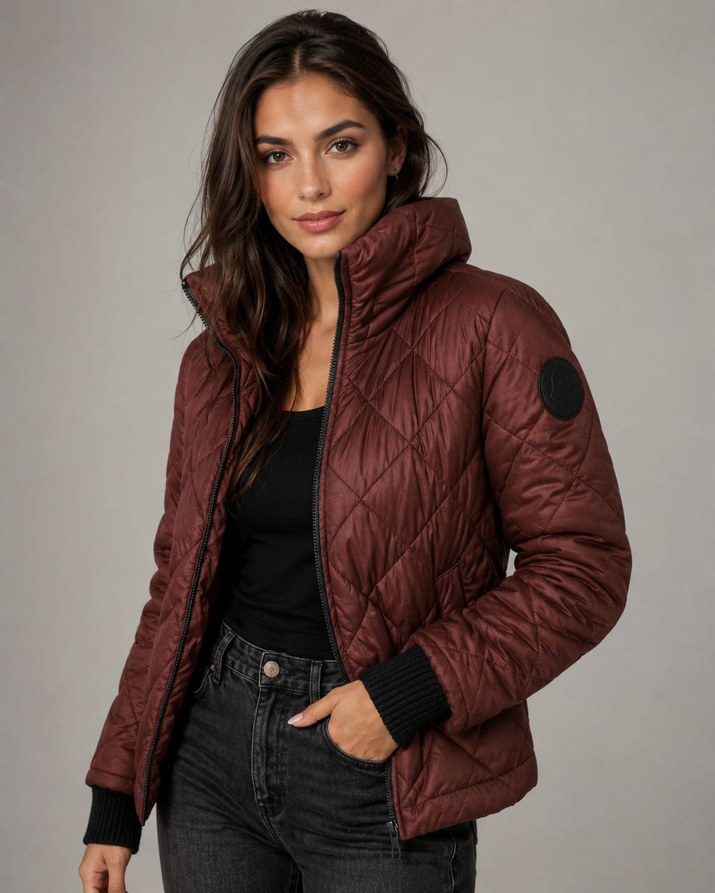 Chaqueta acolchada de plumón con patrón de rombos para mujer
