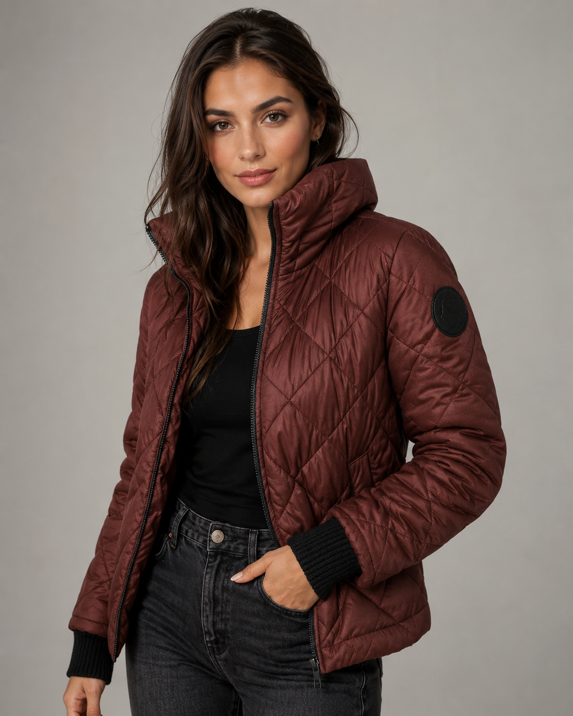 Chaqueta acolchada de plumón con patrón de rombos para mujer