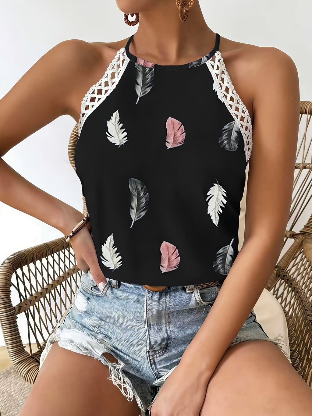 Women’s Feather Print Halter Top with Crochet Strap Detailing