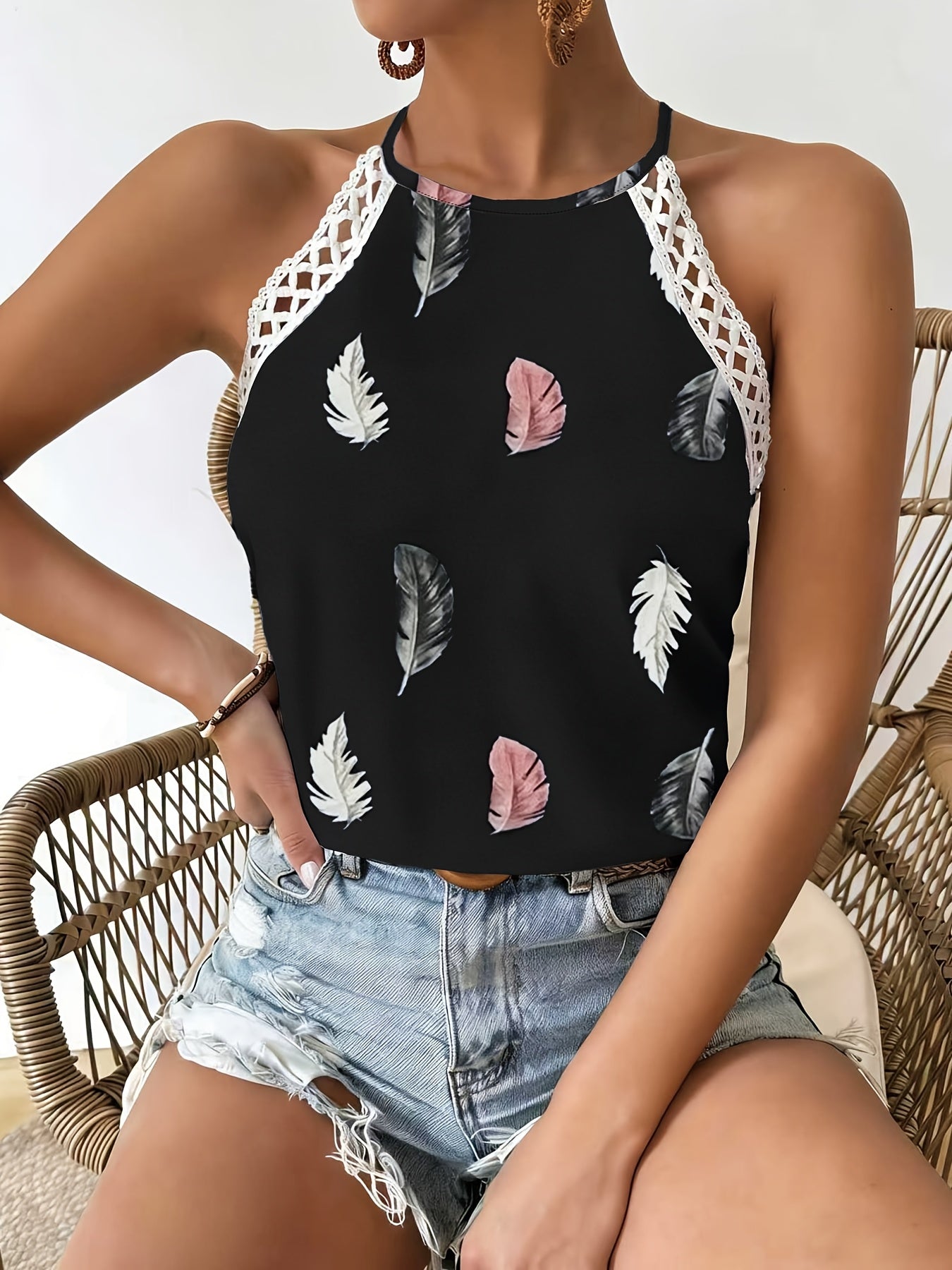 Women’s Feather Print Halter Top with Crochet Strap Detailing