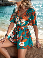 Women's Tropical Floral Belted Short Sleeve Romper