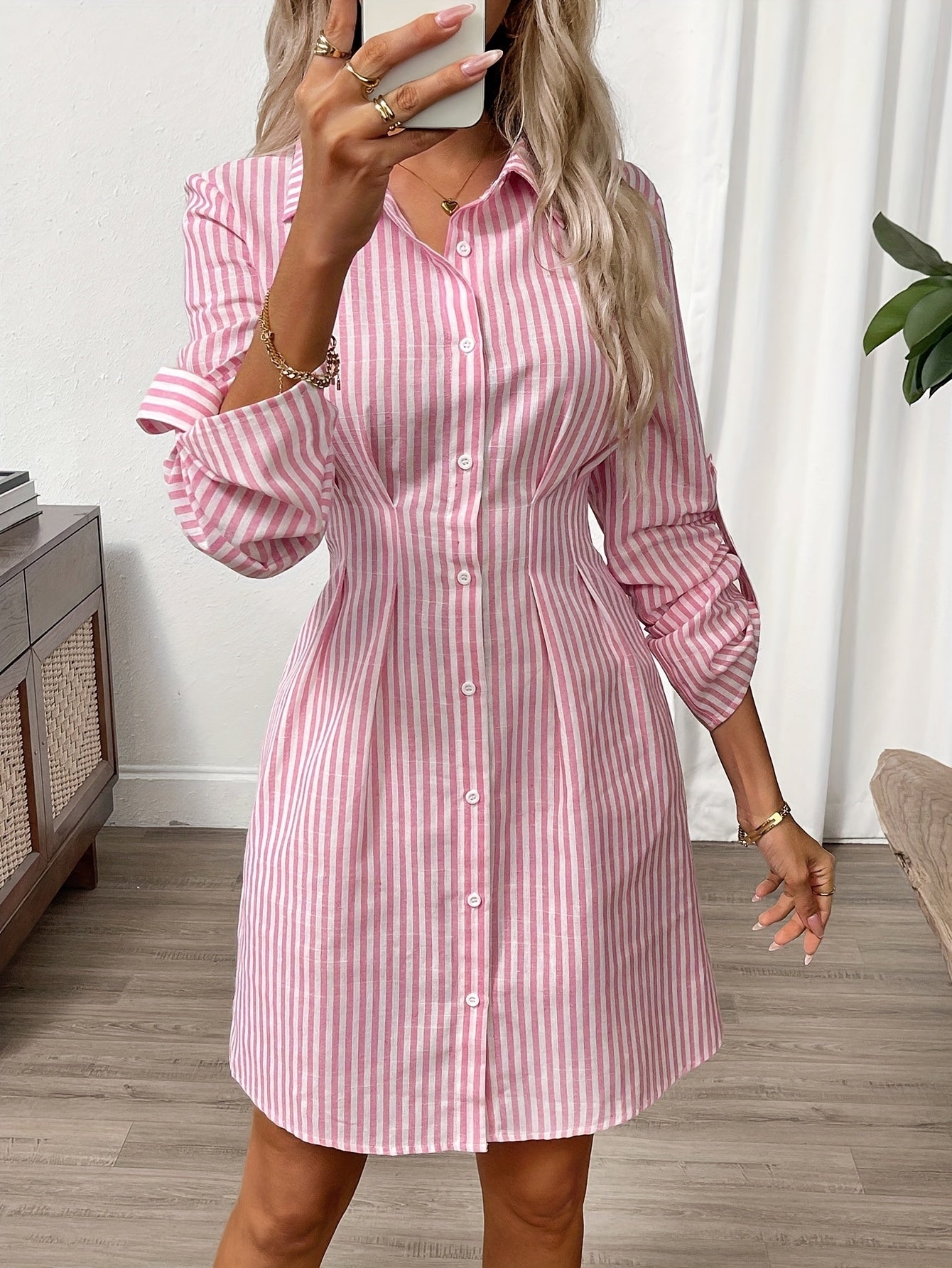 Women's Striped Shirt Dress with Button Front and Roll-Up Sleeves
