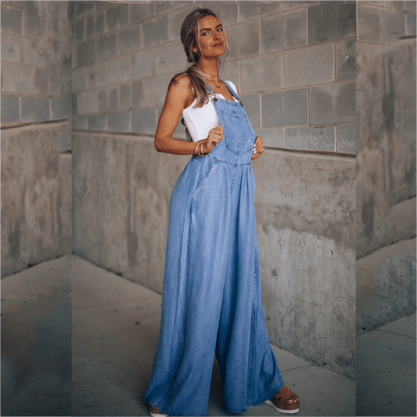 Damen Denim-Overall mit weitem Bein und verstellbarem Trägerdesign