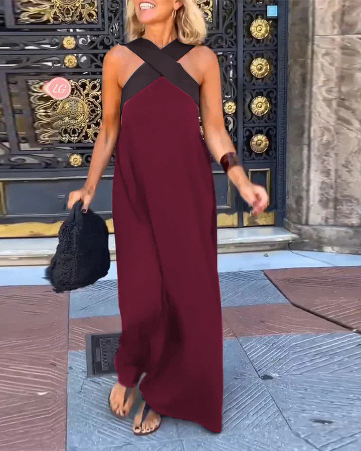 Women's Colorblock Halter Maxi Dress with Cross-Neck Detail
