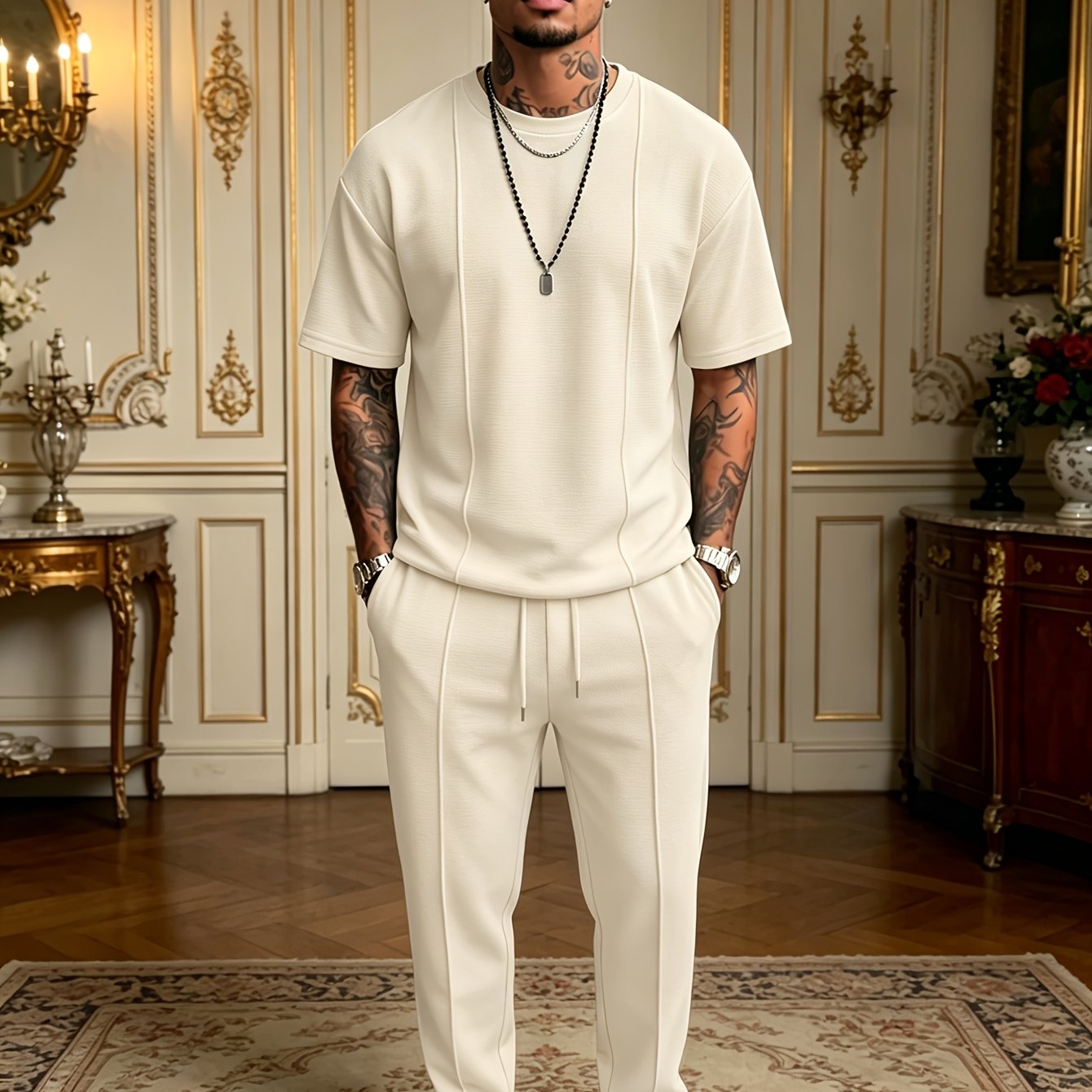 Men's Textured Relaxed T-Shirt & Trousers Set