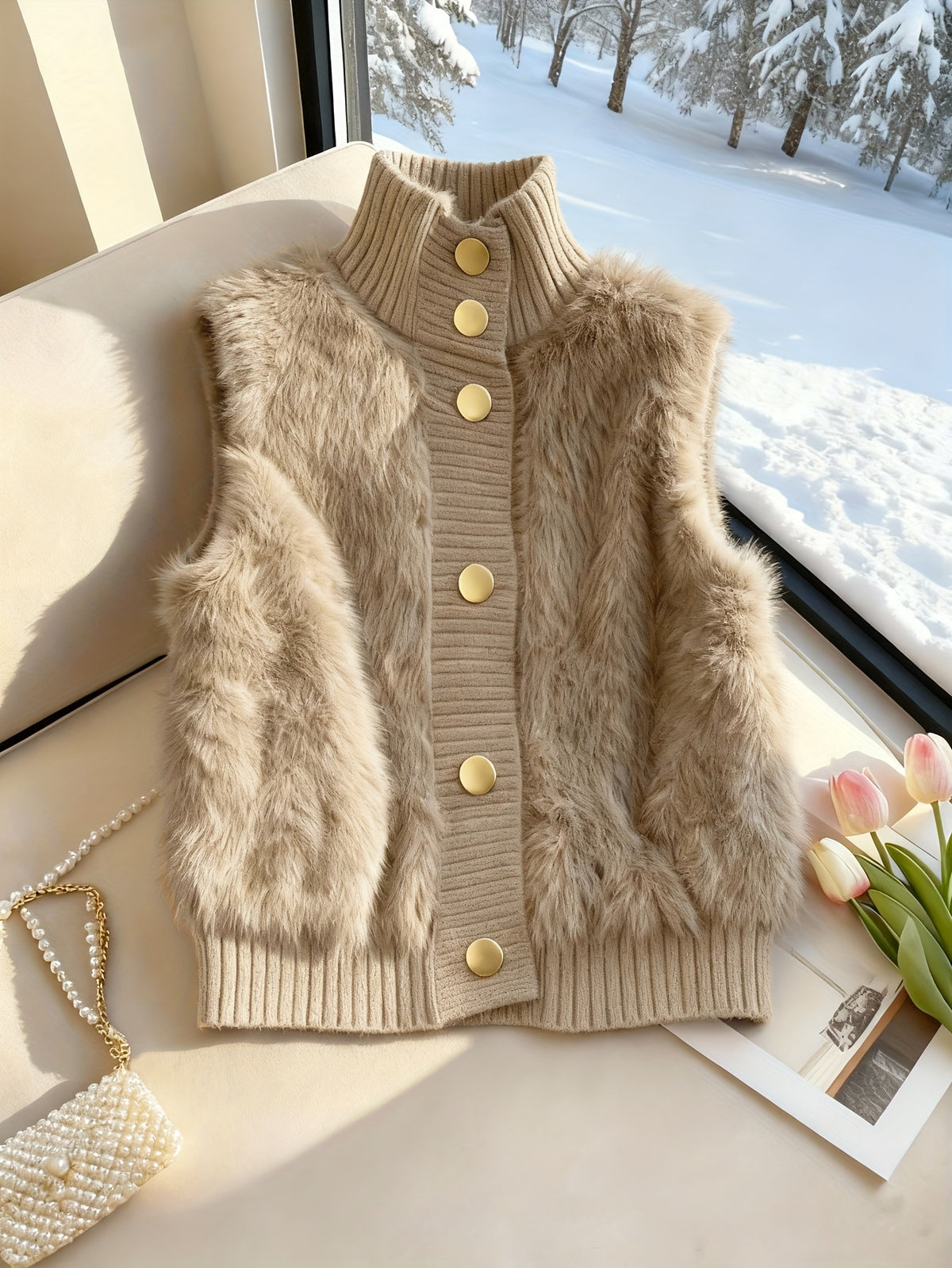 Damevest i imiteret pels med knaplukning foran og høj hals