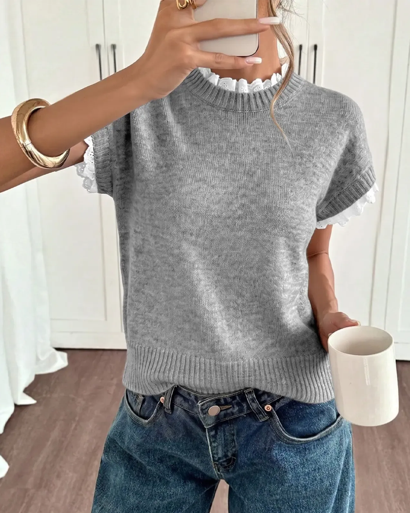 Pull à manches courtes pour femme avec bordure en dentelle