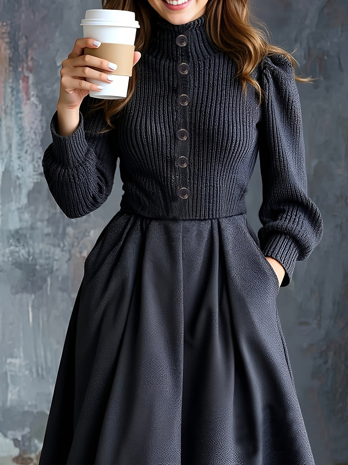 Women's Long-Sleeve Maxi Dress with High Neck and Flared Skirt