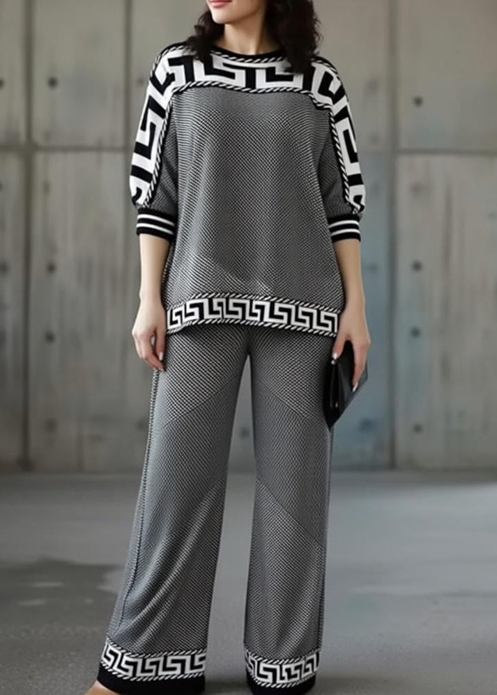 Women's Geometric Print Top and Wide-Leg Trousers Set