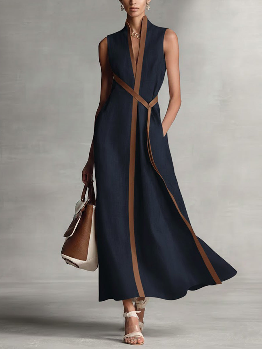 Robe maxi sans manches à col en V avec bordure contrastée et taille nouée pour femme