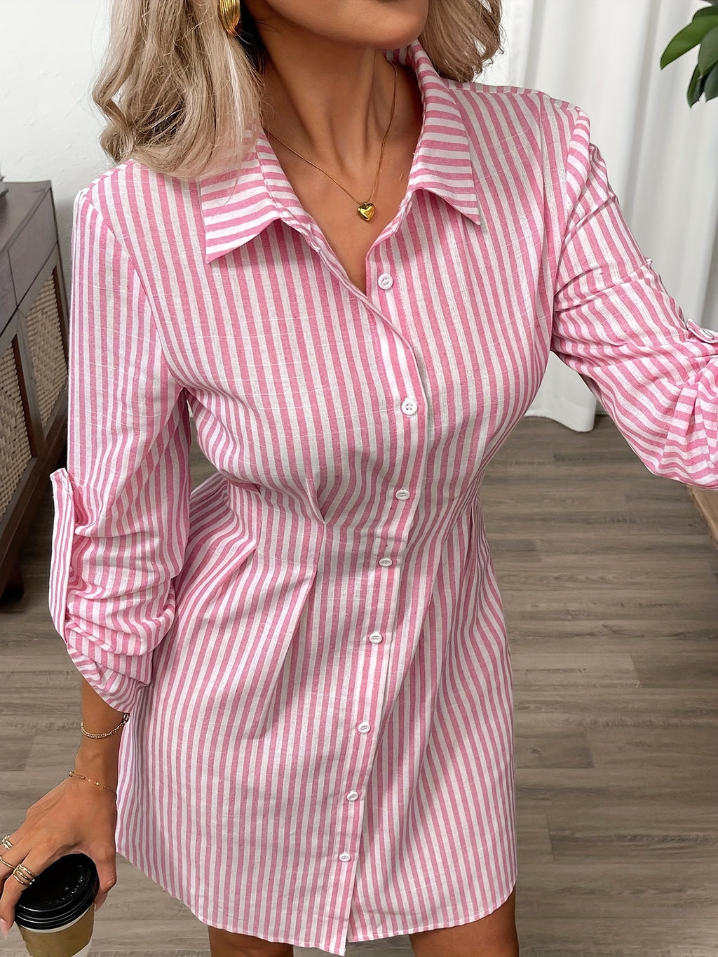 Women's Striped Shirt Dress with Button Front and Roll-Up Sleeves