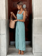 Women's Plaid Wide-Leg Jumpsuit with Shirred Bodice and Frill Detail