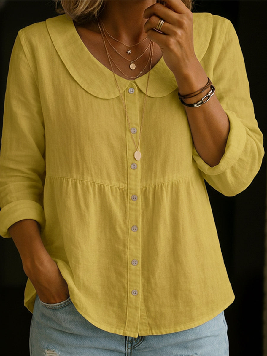 Women's Cotton Linen Blouse with Rounded Collar and Button-Front Design