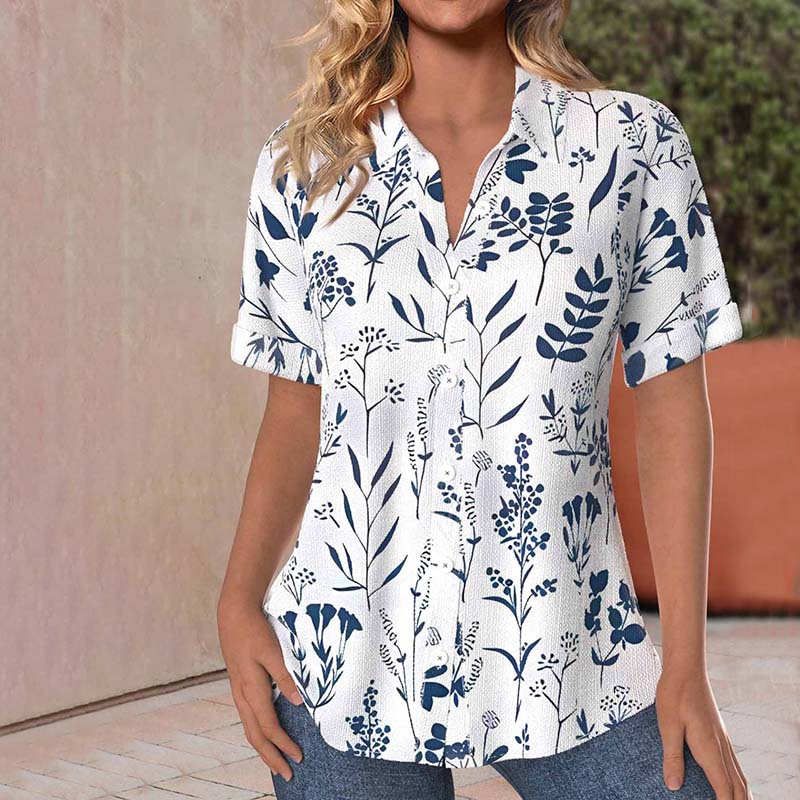 Women's Botanical Print Blouse with Short Sleeves and Button-Front Design