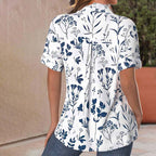 Women's Botanical Print Blouse with Short Sleeves and Button-Front Design