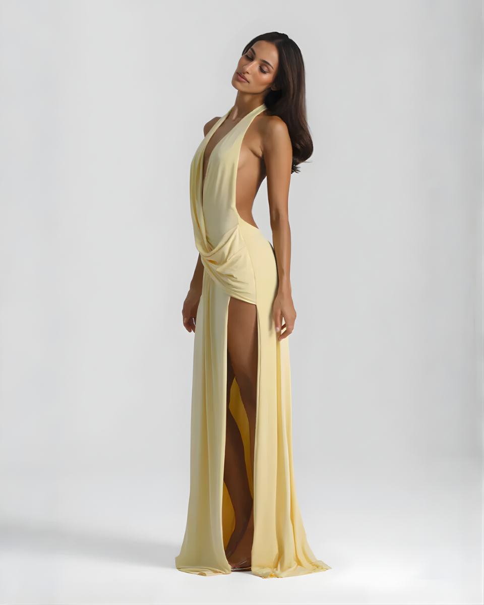 Women's Halter Maxi Dress with Open Back and Draped Side Slit