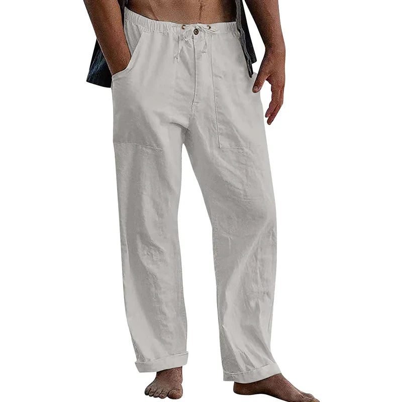 Men's Cotton Linen Trousers with Straight Leg and Elastic Waist for Summer Comfort