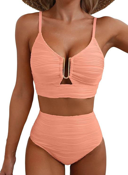 Women's Textured High-Waist Bikini Set with Metallic Detail